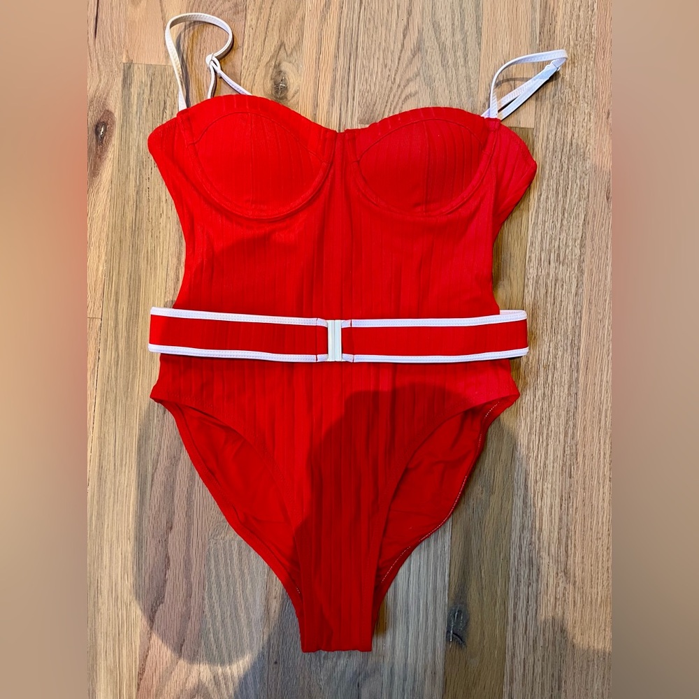 Red One-Piece Swimsuit with Belt